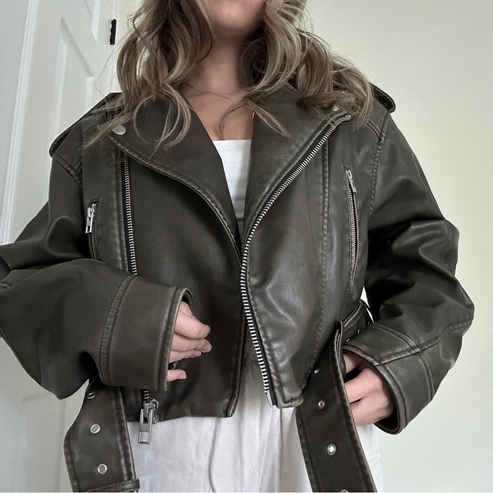 Olive Green Zara Leather Jacket